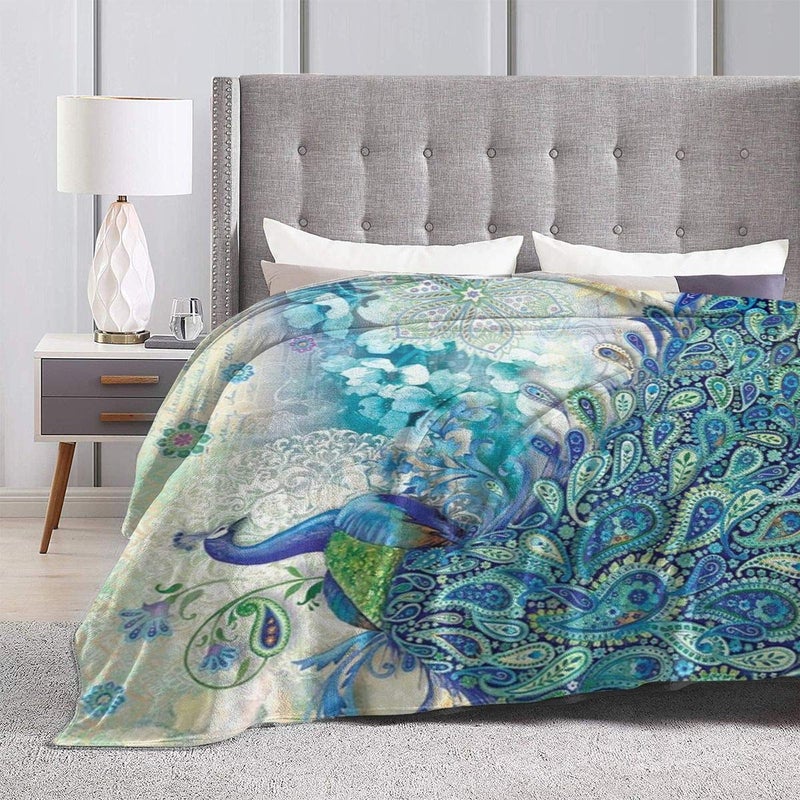 LuckyLou Peacock and Vintage Botanical Flannel Fleece Blanket Ultra Soft Cozy Warm Throw Lightweight Blanket Microfleece Blanket for Home (Peacock and Vintage Botanical  80"" x60"") - Image 4